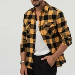Best OUKU Men's Shirt Summer Shirt Casual Shirt Beach Shirt Button Up Shirt Overshirt Yellow Blue Long Sleeve Plaid Lapel Vacation Hawaiian Button-Down Clothing Apparel Fashion Casual Comfortable
