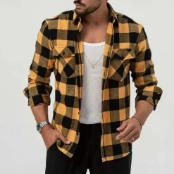 Best OUKU Men's Shirt Summer Shirt Casual Shirt Beach Shirt Button Up Shirt Overshirt Yellow Blue Long Sleeve Plaid Lapel Vacation Hawaiian Button-Down Clothing Apparel Fashion Casual Comfortable