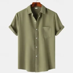 Sale OUKU Men's Shirt Summer Shirt Casual Shirt Beach Shirt Button Up Shirt White Light Green Navy Blue Blue Purple Short Sleeve Plain Lapel Vacation Hawaiian Pocket Clothing Apparel Polyester Fashion Casual