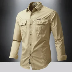 Outlet OUKU Men's Shirt Summer Shirt Casual Shirt Button Up Shirt Cargo Shirt Black White Red khaki Dark Blue Long Sleeve Plain Shirt Collar Vacation Hawaiian Pocket Clothing Apparel 100% Cotton Fashion Casual