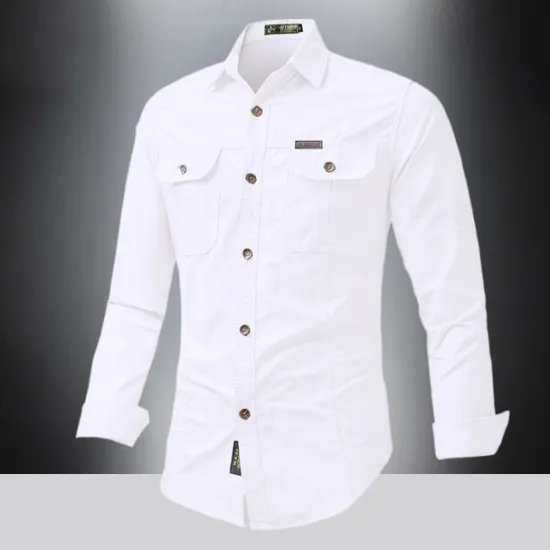 Outlet OUKU Men's Shirt Summer Shirt Casual Shirt Button Up Shirt Cargo Shirt Black White Red khaki Dark Blue Long Sleeve Plain Shirt Collar Vacation Hawaiian Pocket Clothing Apparel 100% Cotton Fashion Casual