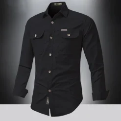 Outlet OUKU Men's Shirt Summer Shirt Casual Shirt Button Up Shirt Cargo Shirt Black White Red khaki Dark Blue Long Sleeve Plain Shirt Collar Vacation Hawaiian Pocket Clothing Apparel 100% Cotton Fashion Casual