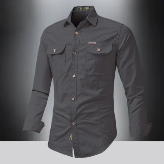 Outlet OUKU Men's Shirt Summer Shirt Casual Shirt Button Up Shirt Cargo Shirt Black White Red khaki Dark Blue Long Sleeve Plain Shirt Collar Vacation Hawaiian Pocket Clothing Apparel 100% Cotton Fashion Casual