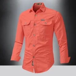 Outlet OUKU Men's Shirt Summer Shirt Casual Shirt Button Up Shirt Cargo Shirt Black White Red khaki Dark Blue Long Sleeve Plain Shirt Collar Vacation Hawaiian Pocket Clothing Apparel 100% Cotton Fashion Casual