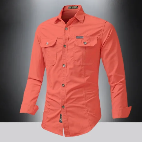 Outlet OUKU Men's Shirt Summer Shirt Casual Shirt Button Up Shirt Cargo Shirt Black White Red khaki Dark Blue Long Sleeve Plain Shirt Collar Vacation Hawaiian Pocket Clothing Apparel 100% Cotton Fashion Casual