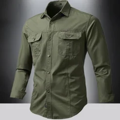 Outlet OUKU Men's Shirt Summer Shirt Casual Shirt Button Up Shirt Cargo Shirt Black White Red khaki Dark Blue Long Sleeve Plain Shirt Collar Vacation Hawaiian Pocket Clothing Apparel 100% Cotton Fashion Casual