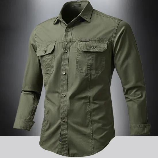 Outlet OUKU Men's Shirt Summer Shirt Casual Shirt Button Up Shirt Cargo Shirt Black White Red khaki Dark Blue Long Sleeve Plain Shirt Collar Vacation Hawaiian Pocket Clothing Apparel 100% Cotton Fashion Casual
