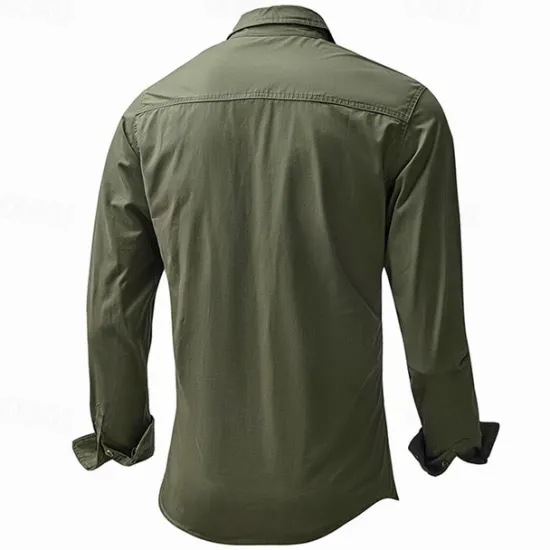 Outlet OUKU Men's Shirt Summer Shirt Casual Shirt Button Up Shirt Cargo Shirt Black White Red khaki Dark Blue Long Sleeve Plain Shirt Collar Vacation Hawaiian Pocket Clothing Apparel 100% Cotton Fashion Casual