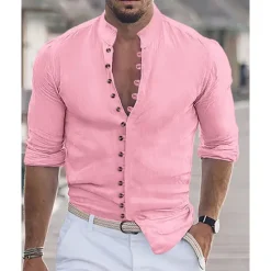 Online OUKU Men's Shirt Summer Shirt Casual Shirt Beach Shirt Button Up Shirt Black White Pink Orange Army Green Long Sleeve Plain Grandad Collar Vacation Hawaiian Buttons Clothing Apparel Fashion Casual