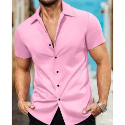 Outlet OUKU Men's Shirt Summer Shirt Casual Shirt Button Up Shirt Black White Pink Red Blue Short Sleeve Plain Collar Vacation Street Clothing Apparel Fashion Casual Comfortable