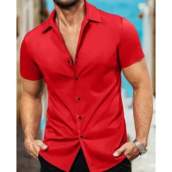 Outlet OUKU Men's Shirt Summer Shirt Casual Shirt Button Up Shirt Black White Pink Red Blue Short Sleeve Plain Collar Vacation Street Clothing Apparel Fashion Casual Comfortable