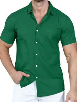 Clearance OUKU Men's Shirt Summer Shirt Casual Shirt Button Up Shirt White Pink Wine Navy Blue Camel Short Sleeve Plain Lapel Vacation Daily Front Pocket Clothing Apparel Polyester Fashion Casual Comfortable