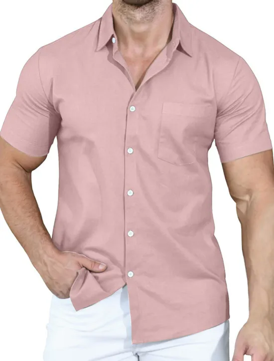 Clearance OUKU Men's Shirt Summer Shirt Casual Shirt Button Up Shirt White Pink Wine Navy Blue Camel Short Sleeve Plain Lapel Vacation Daily Front Pocket Clothing Apparel Polyester Fashion Casual Comfortable