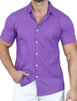 Clearance OUKU Men's Shirt Summer Shirt Casual Shirt Button Up Shirt White Pink Wine Navy Blue Camel Short Sleeve Plain Lapel Vacation Daily Front Pocket Clothing Apparel Polyester Fashion Casual Comfortable