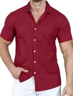 Clearance OUKU Men's Shirt Summer Shirt Casual Shirt Button Up Shirt White Pink Wine Navy Blue Camel Short Sleeve Plain Lapel Vacation Daily Front Pocket Clothing Apparel Polyester Fashion Casual Comfortable