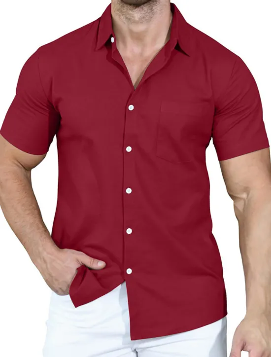 Clearance OUKU Men's Shirt Summer Shirt Casual Shirt Button Up Shirt White Pink Wine Navy Blue Camel Short Sleeve Plain Lapel Vacation Daily Front Pocket Clothing Apparel Polyester Fashion Casual Comfortable