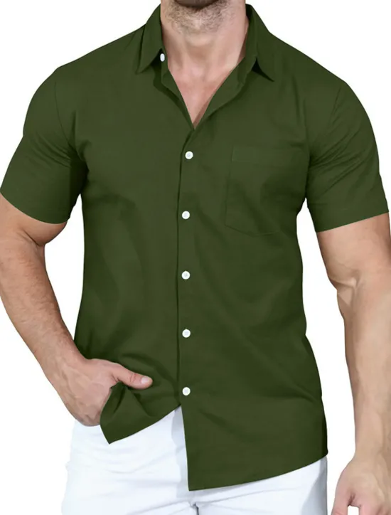 Clearance OUKU Men's Shirt Summer Shirt Casual Shirt Button Up Shirt White Pink Wine Navy Blue Camel Short Sleeve Plain Lapel Vacation Daily Front Pocket Clothing Apparel Polyester Fashion Casual Comfortable