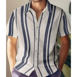 OUKU Men's Shirt Summer Shirt Casual Shirt Beach Shirt Button Up Shirt Striped Shirts Short Sleeve Stripes Turndown Vacation Hawaiian Clothing Apparel Polyester Fashion Casual Comfortable Blue