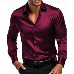 Sale OUKU Men's Shirt Summer Shirt Casual Shirt Beach Shirt Button Up Shirt Black White Wine Royal Blue Green Long Sleeve Plain Lapel Vacation Hawaiian Button-Down Clothing Apparel Polyester Fashion Casual