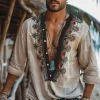 Clearance OUKU Men's Shirt Summer Shirt Casual Shirt Beach Shirt khaki Long Sleeve Embroidery Bohemian Deep V Vacation Hawaiian Ethnic Clothing Apparel Polyester Fashion Casual Comfortable