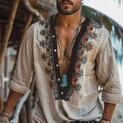 Clearance OUKU Men's Shirt Summer Shirt Casual Shirt Beach Shirt khaki Long Sleeve Embroidery Bohemian Deep V Vacation Hawaiian Ethnic Clothing Apparel Polyester Fashion Casual Comfortable