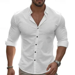 Hot OUKU Men's Shirt Summer Shirt Casual Shirt Beach Shirt Button Up Shirt Black White khaki Dark Gray Light Blue Long Sleeve Plain Lapel Vacation Hawaiian Button-Down Clothing Apparel 100% Cotton Fashion