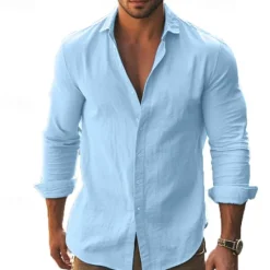 Hot OUKU Men's Shirt Summer Shirt Casual Shirt Beach Shirt Button Up Shirt Black White khaki Dark Gray Light Blue Long Sleeve Plain Lapel Vacation Hawaiian Button-Down Clothing Apparel 100% Cotton Fashion