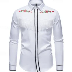 Online OUKU Men's Shirt Summer Shirt Casual Shirt Beach Shirt Button Up Shirt Black White Long Sleeve Floral Lapel Vacation Hawaiian Tassel Fringe Clothing Apparel Polyester Fashion Casual Comfortable