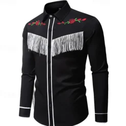 Online OUKU Men's Shirt Summer Shirt Casual Shirt Beach Shirt Button Up Shirt Black White Long Sleeve Floral Lapel Vacation Hawaiian Tassel Fringe Clothing Apparel Polyester Fashion Casual Comfortable
