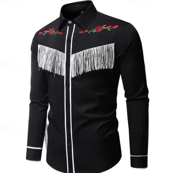 Online OUKU Men's Shirt Summer Shirt Casual Shirt Beach Shirt Button Up Shirt Black White Long Sleeve Floral Lapel Vacation Hawaiian Tassel Fringe Clothing Apparel Polyester Fashion Casual Comfortable