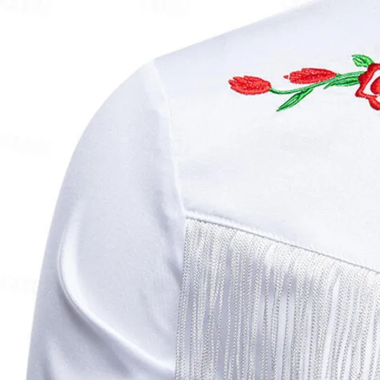 Online OUKU Men's Shirt Summer Shirt Casual Shirt Beach Shirt Button Up Shirt Black White Long Sleeve Floral Lapel Vacation Hawaiian Tassel Fringe Clothing Apparel Polyester Fashion Casual Comfortable
