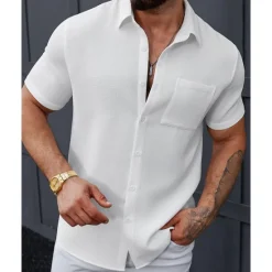 Best OUKU Men's Shirt Summer Shirt Casual Shirt Beach Shirt Button Up Shirt Black White Short Sleeve Plain Shirt Collar Vacation Hawaiian Front Pocket Clothing Apparel Polyester Fashion Casual Comfortable