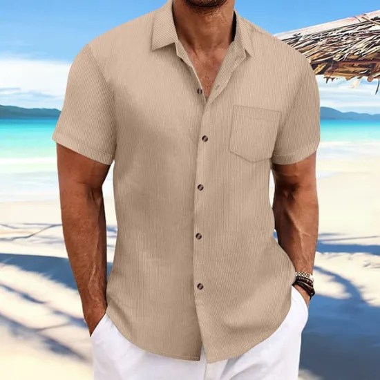 OUKU Men's Shirt Summer Shirt Casual Shirt Beach Shirt Button Up Shirt Black Navy Blue Blue Dark Green Brown Short Sleeve Plain Lapel Vacation Hawaiian Jacquard Clothing Apparel Polyester Fashion Casual