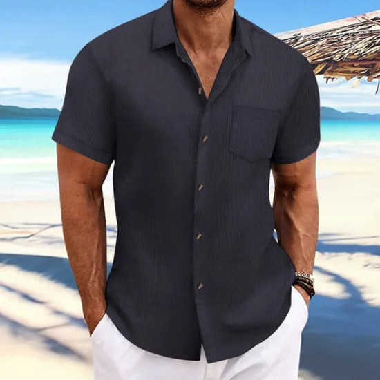 OUKU Men's Shirt Summer Shirt Casual Shirt Beach Shirt Button Up Shirt Black Navy Blue Blue Dark Green Brown Short Sleeve Plain Lapel Vacation Hawaiian Jacquard Clothing Apparel Polyester Fashion Casual