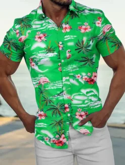 Discount OUKU Men's Shirt Summer Shirt Casual Shirt Beach Shirt Summer Hawaiian Shirt Button Up Shirt Navy Blue Blue Green Short Sleeve Coconut Tree Flamingos Turndown Street Daily Print Clothing Apparel Polyester