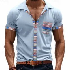OUKU Men's Shirt Summer Shirt Casual Shirt Beach Shirt Button Up Shirt Black White khaki Light Grey Dark Gray Short Sleeve Stripes Lapel Vacation Hawaiian Pocket Clothing Apparel Polyester Fashion Casual