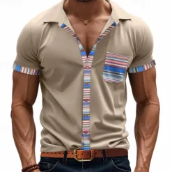 OUKU Men's Shirt Summer Shirt Casual Shirt Beach Shirt Button Up Shirt Black White khaki Light Grey Dark Gray Short Sleeve Stripes Lapel Vacation Hawaiian Pocket Clothing Apparel Polyester Fashion Casual