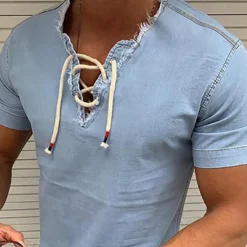 Best OUKU Men's Shirt Summer Shirt Denim Shirt Chambray Shirt Dark Navy Navy Blue Light Blue Short Sleeve Graphic Prints Standing Collar Casual Daily Drawstring Clothing Apparel Fashion Casual Breathable