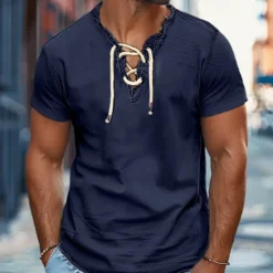 Best OUKU Men's Shirt Summer Shirt Denim Shirt Chambray Shirt Dark Navy Navy Blue Light Blue Short Sleeve Graphic Prints Standing Collar Casual Daily Drawstring Clothing Apparel Fashion Casual Breathable