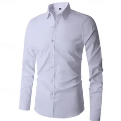 Online OUKU Men's Shirt Summer Shirt Dress Shirt Button Up Shirt Black White Navy Blue Blue Long Sleeve Plain Lapel Wedding Vacation Clothing Apparel Cotton Cotton Blend Fashion Casual Comfortable