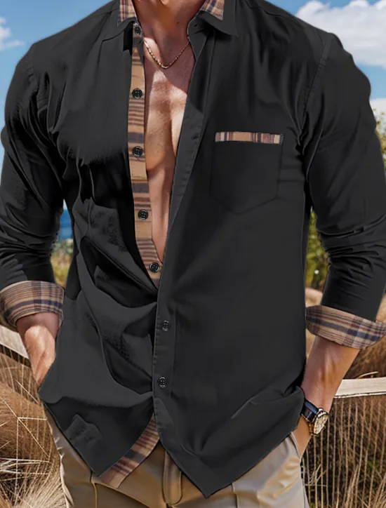 New OUKU Men's Shirt Summer Shirt Dress Shirt Casual Shirt Button Up Shirt Black White Pink Dark Blue Long Sleeve Color Block Lapel Vacation Daily Patchwork Clothing Apparel Fashion Casual Comfortable