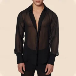 Clearance OUKU Men's Shirt Summer Shirt Mesh Shirt Sheer Shirt Sheer Blouse Long Sleeve Plain Lapel Hawaiian Holiday Mesh Clothing Apparel Fashion Casual Comfortable Black
