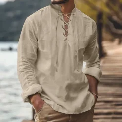 Outlet OUKU Men's Shirt Viking Style Summer Shirt Beach Wear Pirate Shirt Solid Color Vacation Holiday White Navy Blue Sky Blue Green Long Sleeve Stand Collar Summer Spring Clothing Apparel Medieval Knight