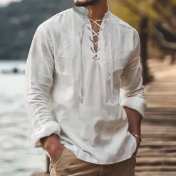Outlet OUKU Men's Shirt Viking Style Summer Shirt Beach Wear Pirate Shirt Solid Color Vacation Holiday White Navy Blue Sky Blue Green Long Sleeve Stand Collar Summer Spring Clothing Apparel Medieval Knight