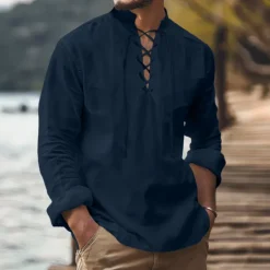 Outlet OUKU Men's Shirt Viking Style Summer Shirt Beach Wear Pirate Shirt Solid Color Vacation Holiday White Navy Blue Sky Blue Green Long Sleeve Stand Collar Summer Spring Clothing Apparel Medieval Knight