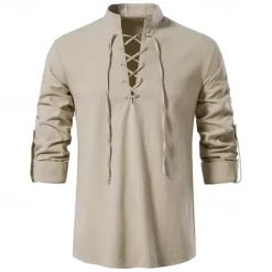 Outlet OUKU Men's Shirt Viking Style Summer Shirt Beach Wear Pirate Shirt Solid Color Vacation Holiday White Navy Blue Sky Blue Green Long Sleeve Stand Collar Summer Spring Clothing Apparel Medieval Knight