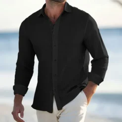 Outlet OUKU Men's Shirt Waffle Shirt Summer Shirt Casual Shirt Button Up Shirt Black White Blue khaki Long Sleeve Plain Lapel Vacation Daily Clothing Apparel Fashion Casual Comfortable