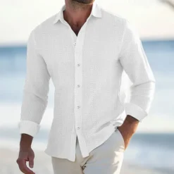 Outlet OUKU Men's Shirt Waffle Shirt Summer Shirt Casual Shirt Button Up Shirt Black White Blue khaki Long Sleeve Plain Lapel Vacation Daily Clothing Apparel Fashion Casual Comfortable