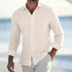 Outlet OUKU Men's Shirt Waffle Shirt Summer Shirt Casual Shirt Button Up Shirt Black White Blue khaki Long Sleeve Plain Lapel Vacation Daily Clothing Apparel Fashion Casual Comfortable