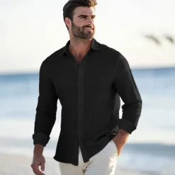 Outlet OUKU Men's Shirt Waffle Shirt Summer Shirt Casual Shirt Button Up Shirt Black White Blue khaki Long Sleeve Plain Lapel Vacation Daily Clothing Apparel Fashion Casual Comfortable